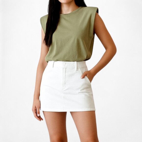 Mango Olive Green Sleeveless Padded Shoulder Knit Shirt Tank Top Size XS/S - Picture 1 of 6